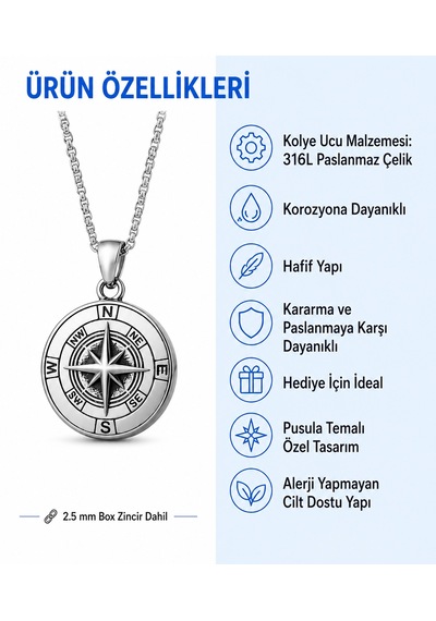 Paslanmaz Çelik Denizci Marine Tasarım Kuzey Yıldızı Pusula Kolye Gümüş