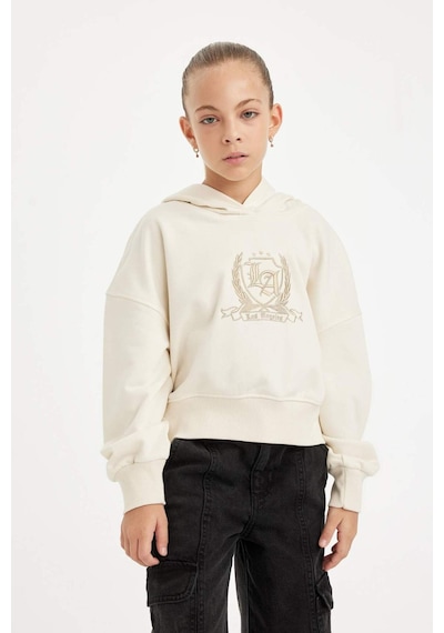DeFacto Kız Çocuk Ekru Oversize Geniş Kalıp Kapüşonlu İşlemeli Kalın Sweatshirt D2885A824WNER233