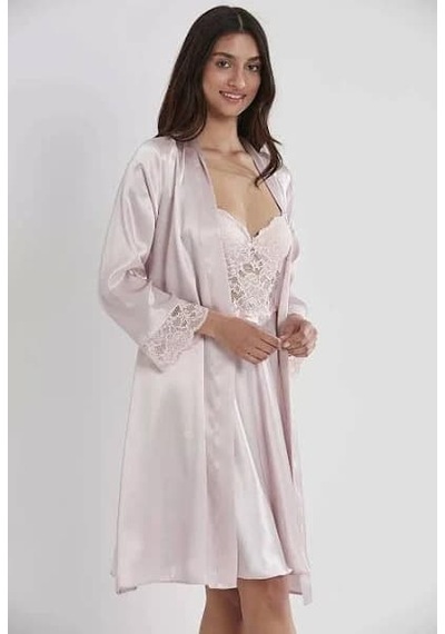 Pierre Cardin Kadın Saten Gecelik Sabahlık Takım-13784 Pudra