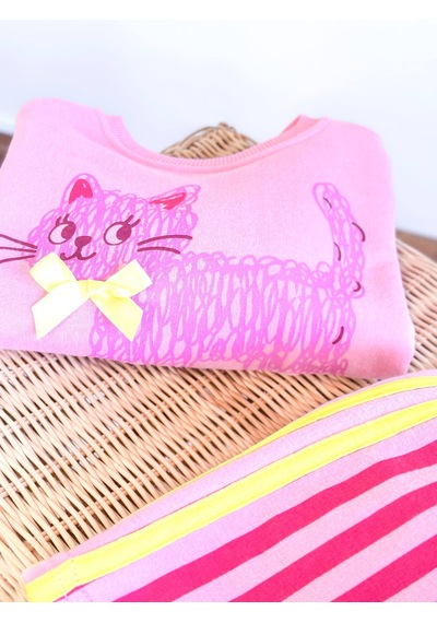 Elzo Collection Kız Çocuk Pembe Kedi Baskılı Swearshirt Çizgili Eşofman 3 İplik Kumaş Alt Üst Takım Elzo Collection Kız Çocuk Pembe Kedi Baskılı Swearshirt Çizgili Eşofman 3 İplik Kumaş Alt Üst Takım