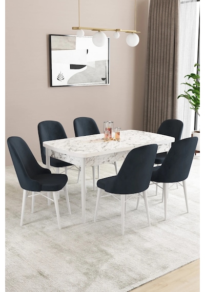 Familieconcept Almira Serisi, Beyaz Mermer Desen 80x132 Açılabilir Mdf Mutfak Masası Takımı 6 Adet Sandalye Antrasit Familieconcept Almira Serisi, Beyaz Mermer Desen 80x132 Açılabilir Mdf Mutfak Masası Takımı 6 Adet Sandalye Antrasit