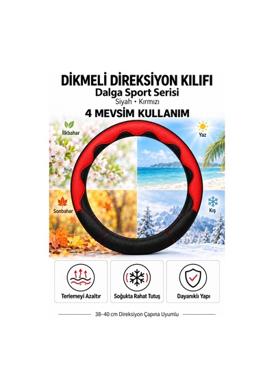 Trobus Dacia Sandero 2008-2012 Uyumlu Dikmeli Direksiyon Kılıfı Dalga Sport Deri Siyah Kırmızı Siyah - Kırmızı