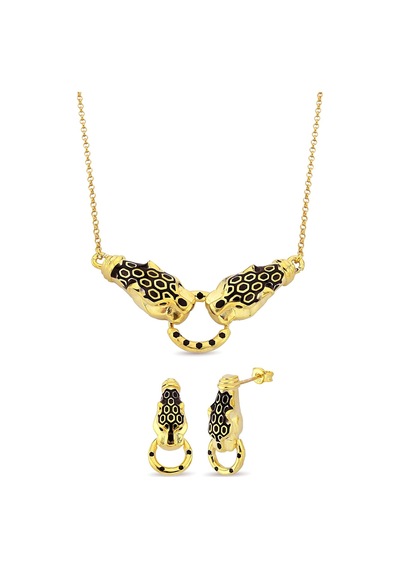 18k Altın Kaplamalı 925 Ayar Gümüş Tasarım Panter Set - 67022002 Altın