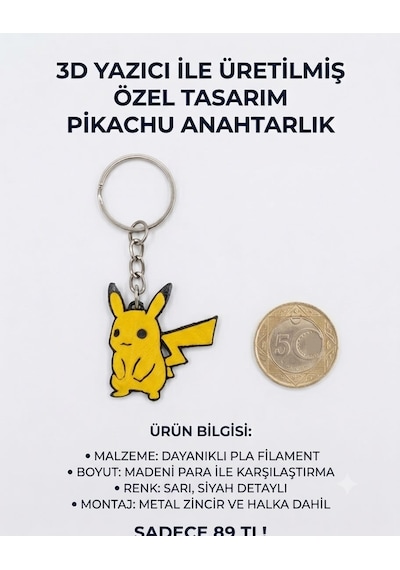 3d Yazıcı İle Üretilmiş Özel Tasarım Pikachu Anahtarlık Sarı - Siyah
