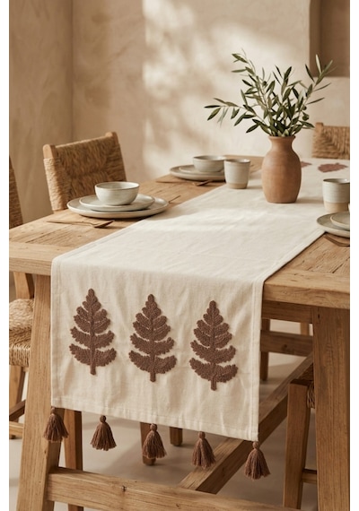 Hayat Ağacı Nakışlı Püsküllü Buldan İşi Pamuk Runner Masa Örtüsü 40x130 Cm Kahverengi