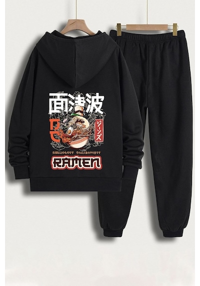 Uyguntarz Unisex Ramen Baskılı Eşofman Takımı Siyah