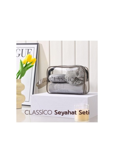 Classico Seyahat Seti Banyo Seti Siyah - Duş Lifi, Sabunluk, Tarak Ve Ayna Kapaklı Makyaj Kutus