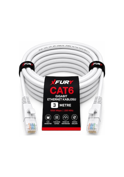 Fury Cat6 Ethernet Kablosu 3 Metre Rj45 Lan İnternet Modem Router Bilgisayar Kablosu
