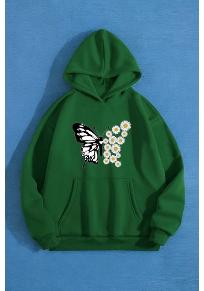 Papatya Kelebek Baskılı Oversize Sweatshirt Yeşil