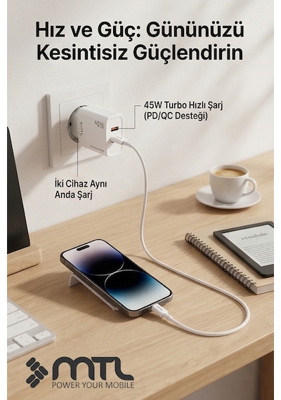 45w Turbo Çift Çıkış Type-c+usb Adaptör+type-c Type-c Kablo Süper Fast Şarj Seti Mt1752
