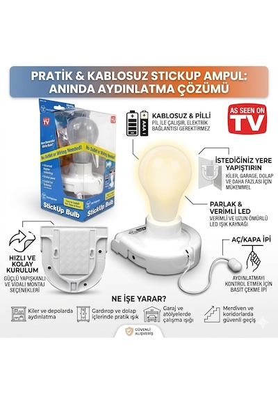 Stickup Bulb Kablosuz Pilli Portatif Led Ampul - Kendinden Yapışkanlı Acil Durum Aydınlatması