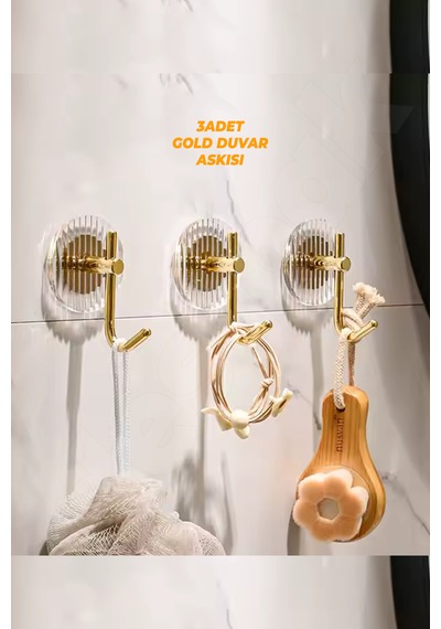 3 Adet Gold Duvar Askısı - Güçlü Yapışkanlı Vida Gerektirmez Gold