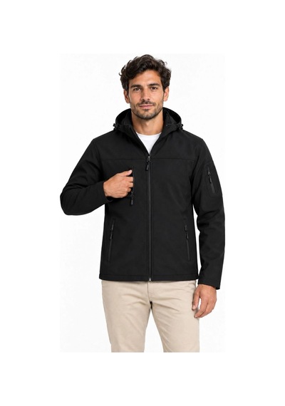 Barlashive Erkek Su Geçirmez Softshell İçi Polar Astarlı Çıkarılabilir Kapüşonlu 4 Cepli Mont Ceket - Siyah Çok Renkli