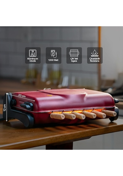 Ab670 1200w Kırmızı Elektrikli Izgara, Kokusuz &amp Dumansız Mangal, Barbekü, 6 Adet Krom-nikel Kaplama Şiş Diğer