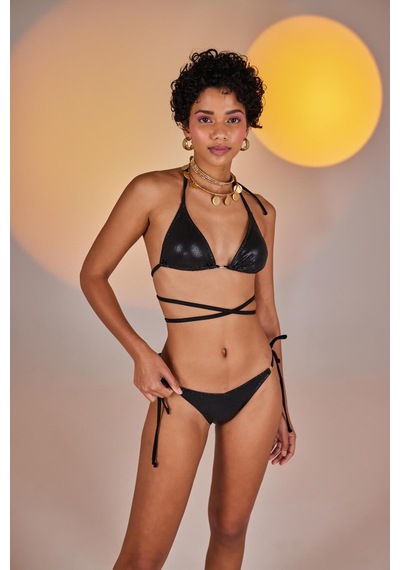 Holly Lolly Özel Yapım Parlak Kumaşlı H Aksesuarlı V Kesim Ivory Bikini Altı Siyah