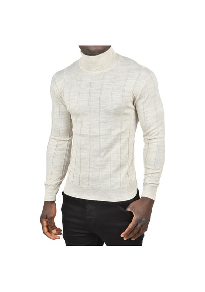Deepsea Erkek Bej Slim Fit Likralı Tam Balıkçı Yaka Çizgili Boğazlı Kazak 2505504 Bej