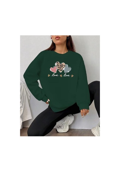 Herkesemoda Love Baskı Detaylı Bisiklet Yaka Sweatshirt Yeşil