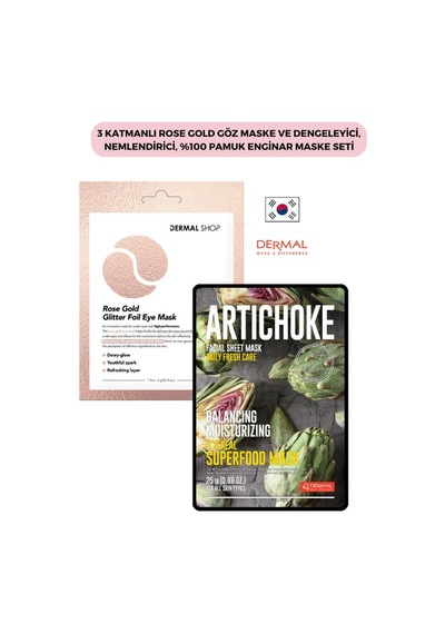 Dermal 3 Katmanlı Rose Gold Göz Maskesi + Dengeleyici Nemlendirici Pamuk Enginar Maskesi