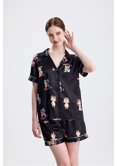 Kadın Kısa Kollu Şortlu Pijama Takımı Kız Bebek Desenli Yazlık Rahat Takım Çok Renkli