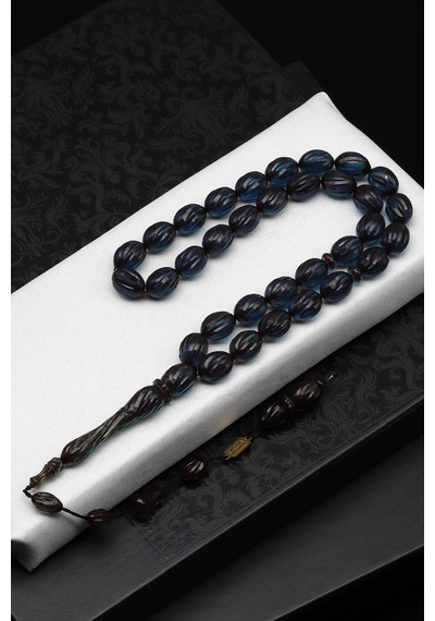 Kalem Oyma İşçilikli Mavi Sıkma Tesbih 8 X 12 Mm Beyzi Kesi