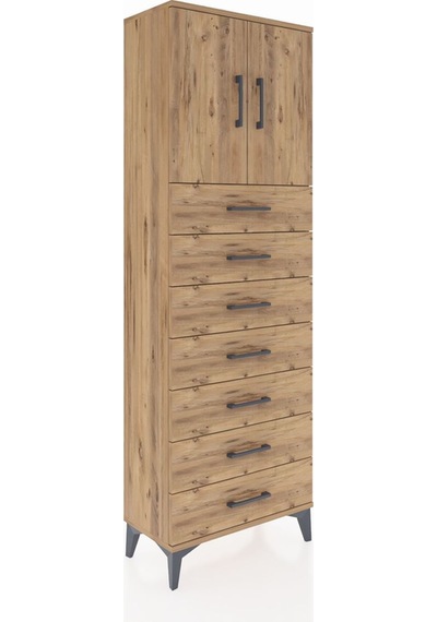 Arges Dolap 2 Raflı 7 Çekmeceli 2 Kapaklı 60x30x182 Çam-çam Çam