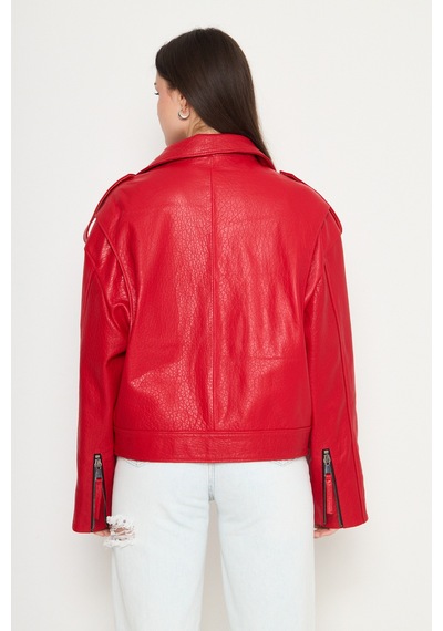 M M Marki Marki Kadın Hakiki Jumbo Deri Ceket Biker Tarz, Kemerli, Oversize, Apoletli, 65 Cm, Kırmızı - 116622x