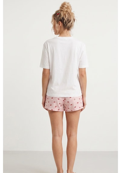 Siyah İnci Ekose Kareli Üst Cep Nakışlı İnce Soft Örme Şort Pijama Takımı 8042 Somon Ekru Ekose