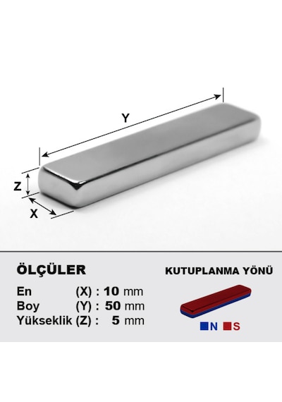 1 Adet Neodyum Mıknatıs Boy: 50mm En: 10mm Kalınlık: 5mm 50x10x5 Ndfeb Güçlü Mıknatıs N062