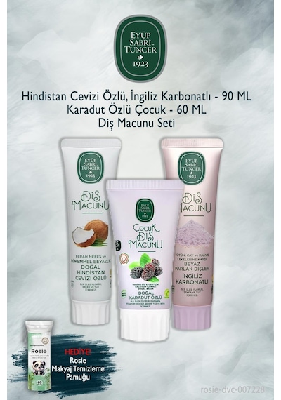 3'lü Eyüp Sabri Tuncer 90 Ml Hindistan Cevizi, Karbonat, 60 Ml Karadut Diş Macunu, Rosie Beyazlık
