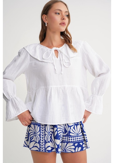 Mixray 4714 Kadın Yakası Volanlı Bol Müslin Bluz Beyaz