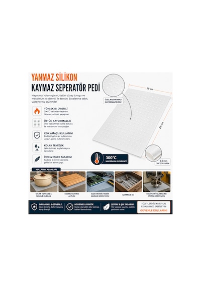 Yanmaz Silikon Kaymaz Seperatör Pedi 29x19 Cm 300 Derece Isıya Dayanıklı Çok Amaçlı Mat Şeffaf Siyah