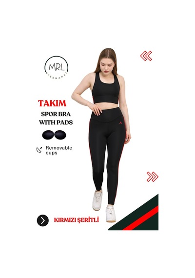 Missmaral Kadın Spor Takım Yüksek Bel Tayt Pedli Büstiyer Sport Team High Waist Padded Bustier Black 3048 Siyah Kırmızı