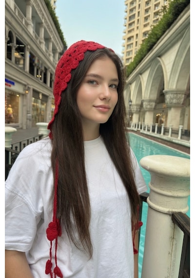 Mollycrush Kırmızı Yazlık Çiçek Motifli Örgü Bandana Kadın Plaj Hair Band Kırmızı