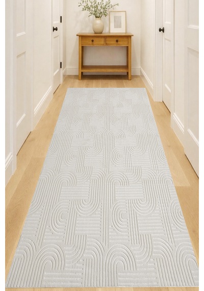 Raschel Carpet Bohem Krem Emboss Premium Seri Kaymaz Taban Jel Taban Halı Yolluk Antre Hol Krem