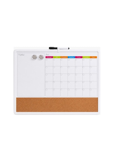 3'ü 1 Arada Manyetik Takvimli Mantar Pano Ve Yazı Tahtası 43x58.5 Cm + Kalem, Magnet, Sticker Seti Beyaz