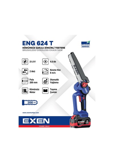 Exen ENG 624 T 21V 2x4AH Çift Akü 200 MM Kömürsüz Şarjlı Zincirli Testere