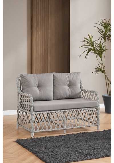 Roma Rattan Bahçe Balkon Takımı 2+1+1 Cam Masalı Gri