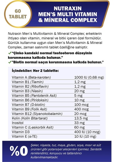 Multivitamin & Mineral Complex Erkekler İçin Özel Kompleks 60 Tablet