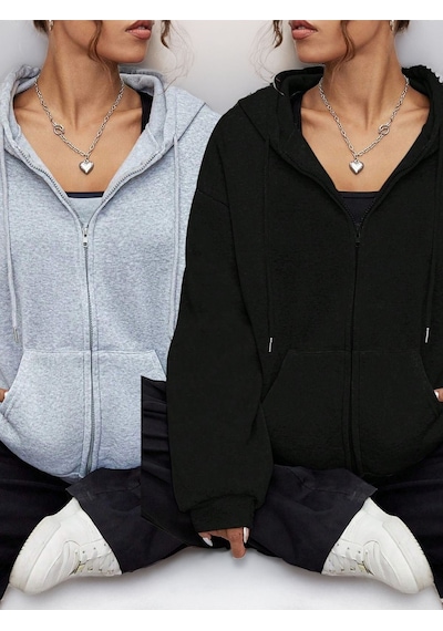 2'li Baskısız Fermuarlı Hırka Sweatshirt - Siyah Gri Oversize Kışlık Kalın Kapüşonlu Siyah Gri 2'li Baskısız Fermuarlı Hırka Sweatshirt - Siyah Gri Oversize Kışlık Kalın Kapüşonlu Siyah Gri