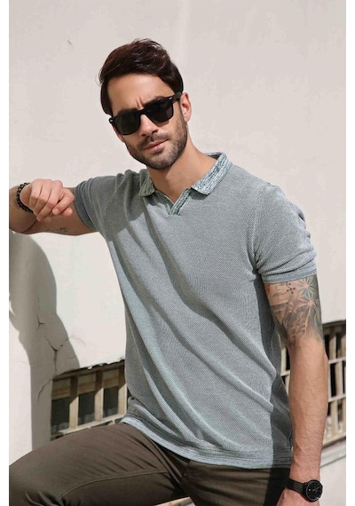 Ferraro Yeşil/Ekru Kuşgözü Desenli Polo Yaka Erkek Triko T-Shirt-Yeşil