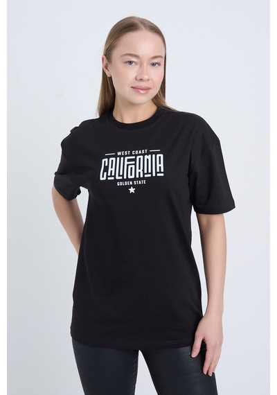 Kadın Oversize Baskılı T-shirt Siyah California SIYAH