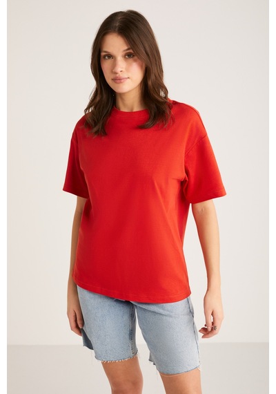 ETHIQUET AGERTHA Kadın %100 Organik Pamuklu Regular Fit Bisiklet Yaka Kısa Kollu Kırmızı T-shirt