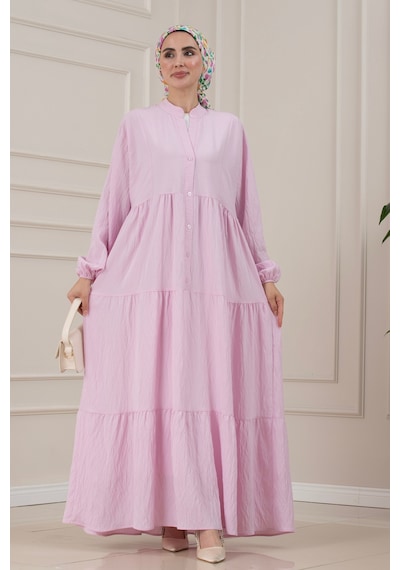 Sevitli Lilyum Kumaş Robalı Katya Elbise-pembe-5821