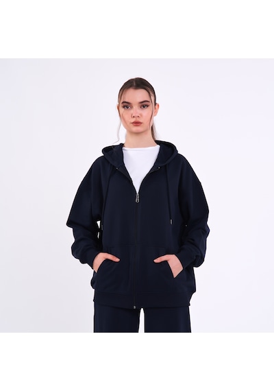 Mmetalic Kadın Lacivert Normal Kalıp Basic Beli Lastikli Kapüşonlu Oversize Mevsimlik Alt Üst Eşofman Takımı