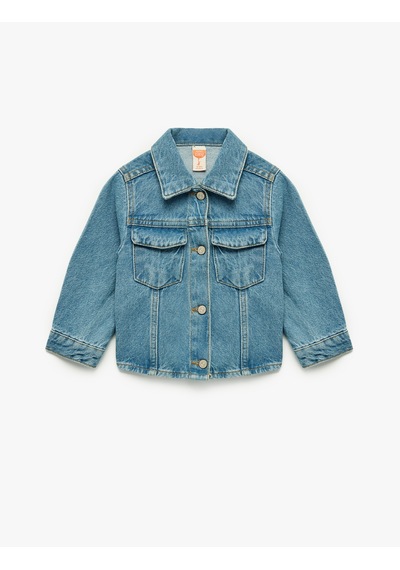 Koton Uzun Kollu Gömlek Yaka Kapaklı Cep Detaylı Pamuklu Denim Ceket Orta İndigo 6wmg20003ad