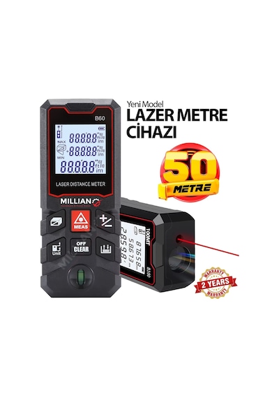 50 Metre Yüksek Hassasiyet Lazer Metre Ölçer Lcd Dijital Ekran Su Terazili Lazermetre Lazerli