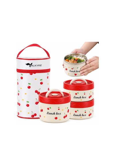 Valkyrie 3 Katlı Paslanmaz Çelik Kirazlı Yemek Termosu Lunch Box 1390 Ml Taşıma Çantalı Isı Yalıtımlı Kırmızı