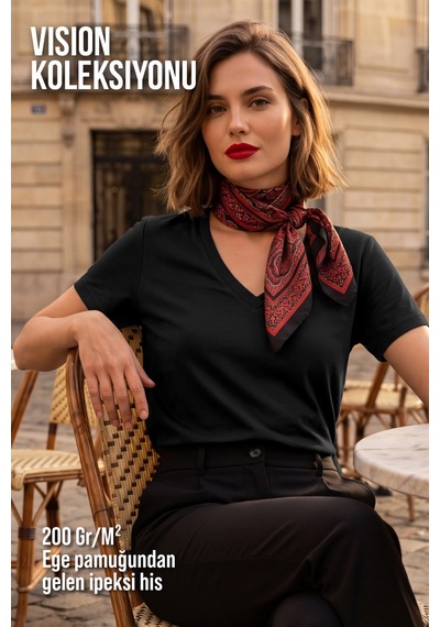 Goffra Kadın Vision V Yaka Premium Kalite Yoğun Dokulu Pamuklu T-shirt Siyah W102-r0220-09