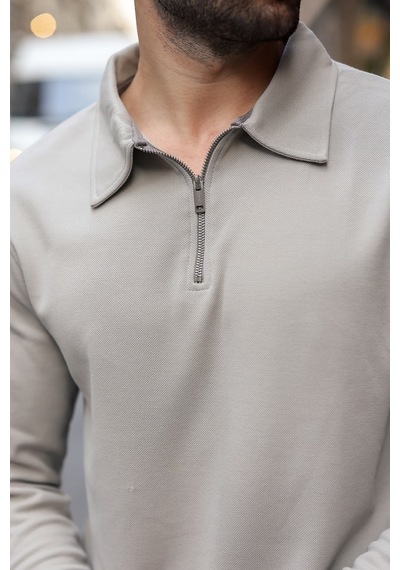 Madmext Boyalı Gri Yarım Fermuarlı Polo Yaka Dokulu Erkek Sweatshırt E7197