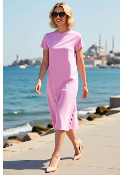 Benerly Kadın Büyük Beden T-shirt Elbise A-line Kesim Kısa Kol Bisiklet Y Pembe
